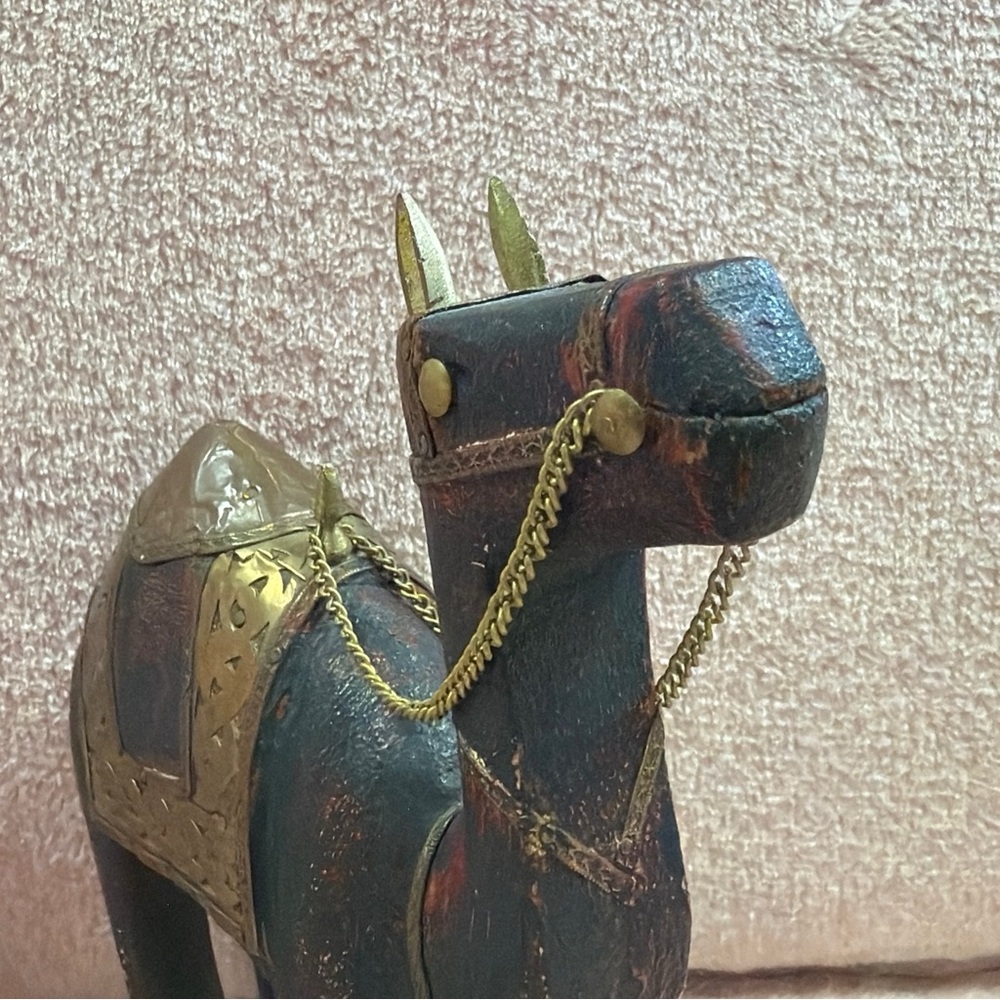 Decorative Wooden Camel with Brass Accents